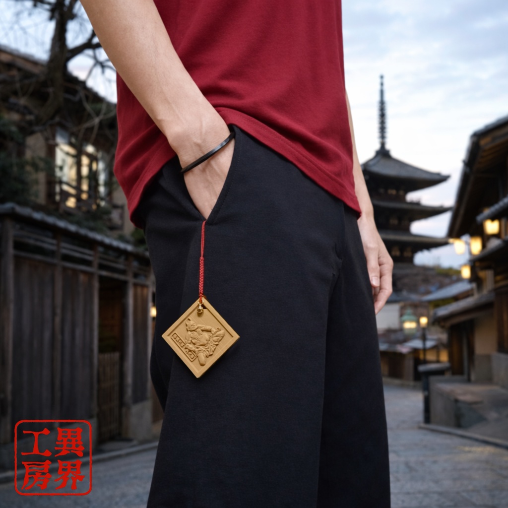 降魔大師 葛飾北斎 浮世絵 木彫風 お守り 根付