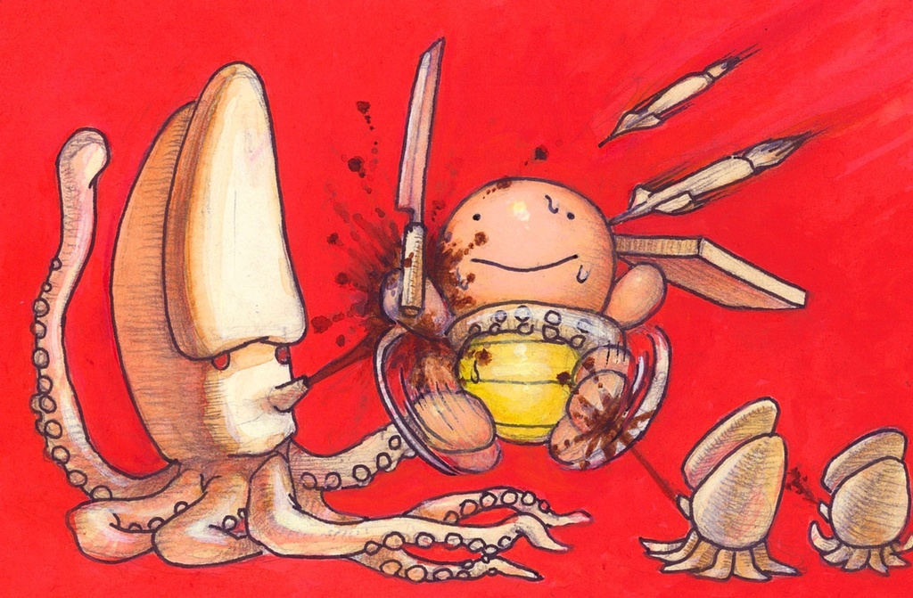 手描きイラスト　10　いかさんとのたたかい