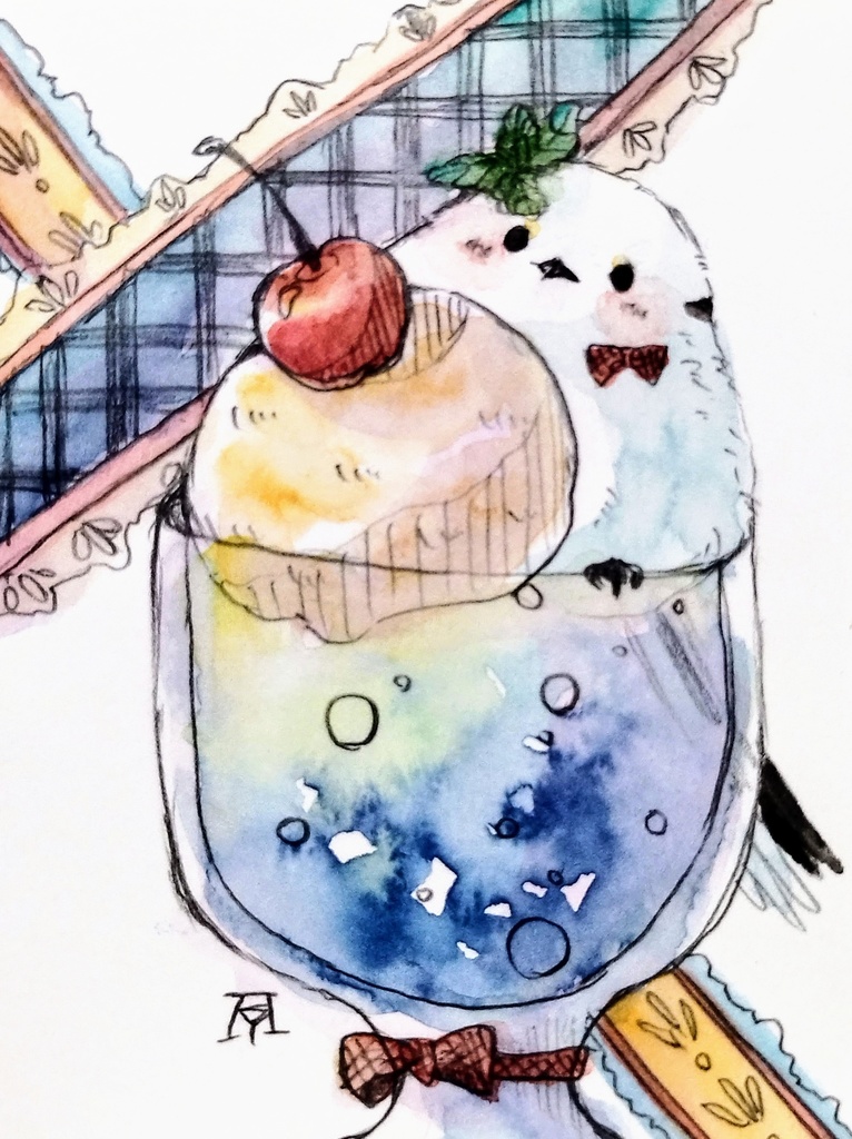 シマエナガ　ソーダ　透明水彩イラスト原画