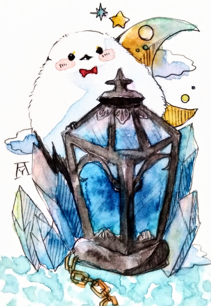 シマエナガと蒼　透明水彩イラスト原画