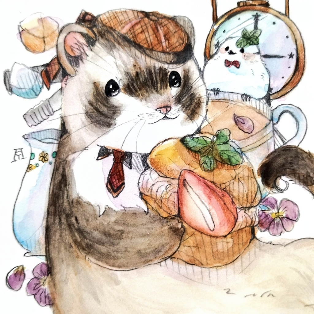 フェレット　透明水彩イラスト原画