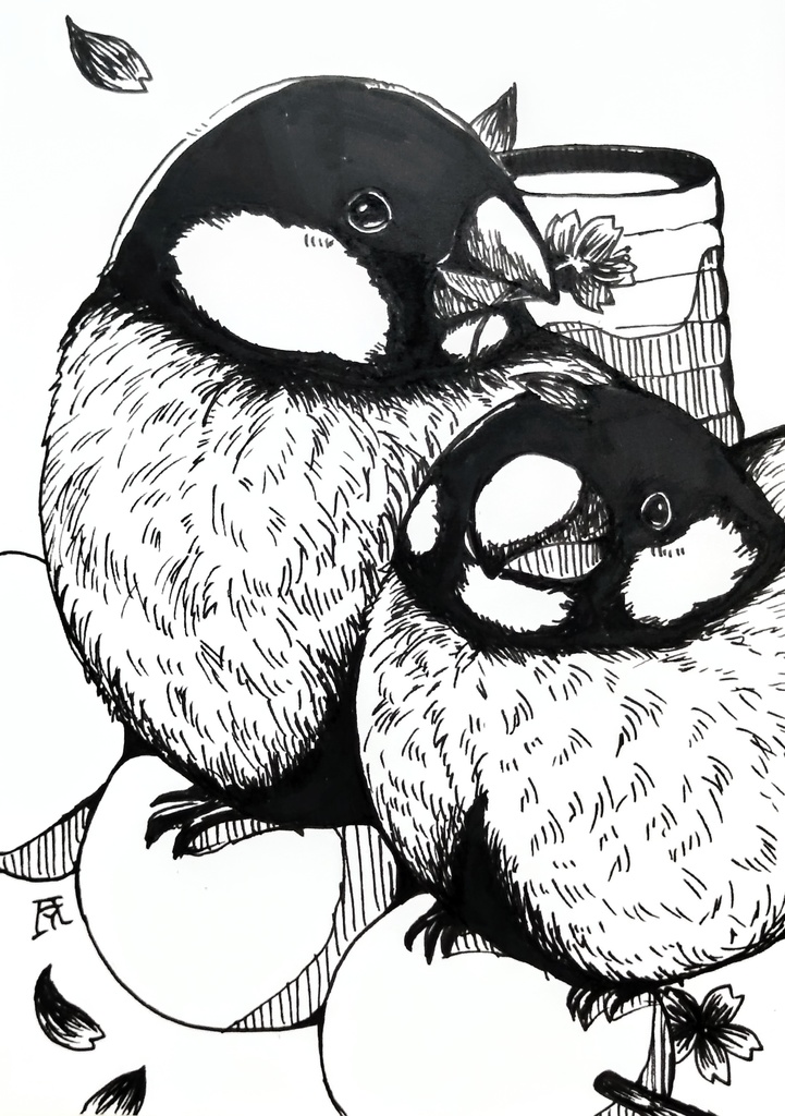 ペン画　文鳥/ハダカデバネズミ　原画