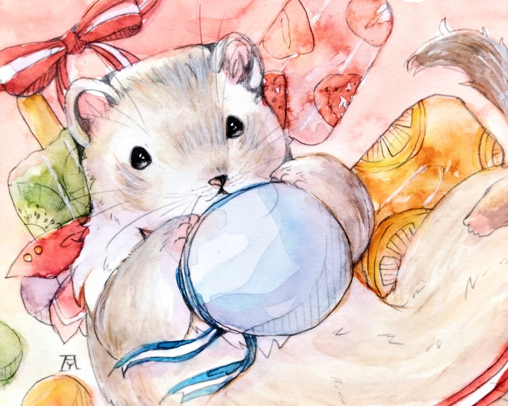 フェレット 透明水彩イラスト原画