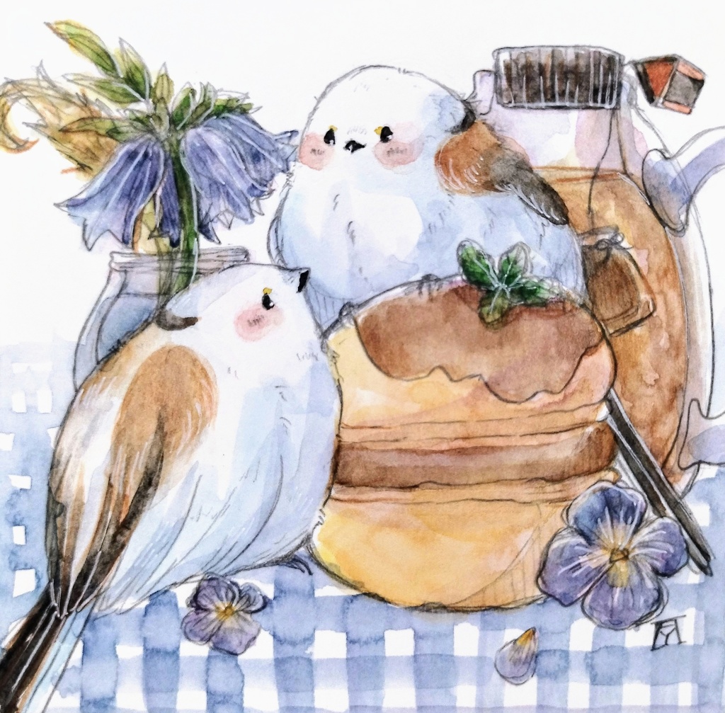 シマエナガ　透明水彩イラスト原画