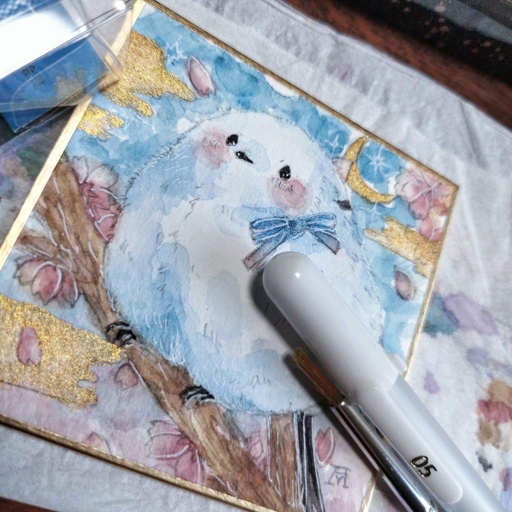 シマエナガ 透明水彩イラスト原画 色紙