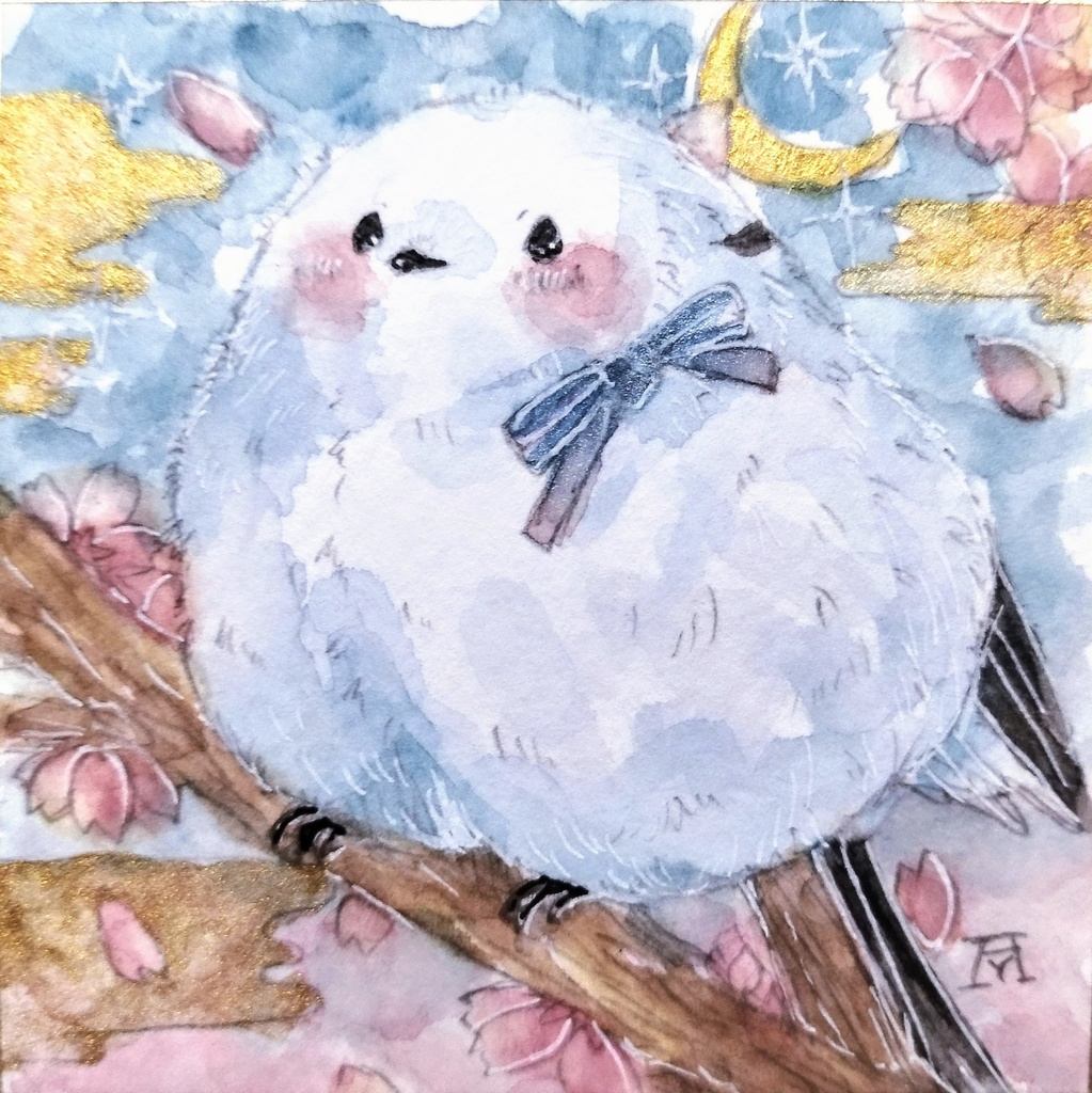 シマエナガ 透明水彩イラスト原画 色紙