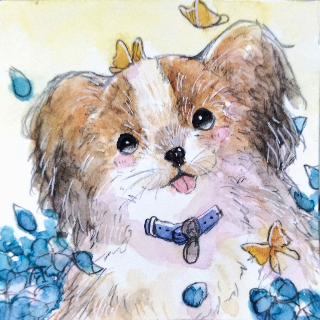 きつね/ねこ/パピヨン 透明水彩イラスト原画