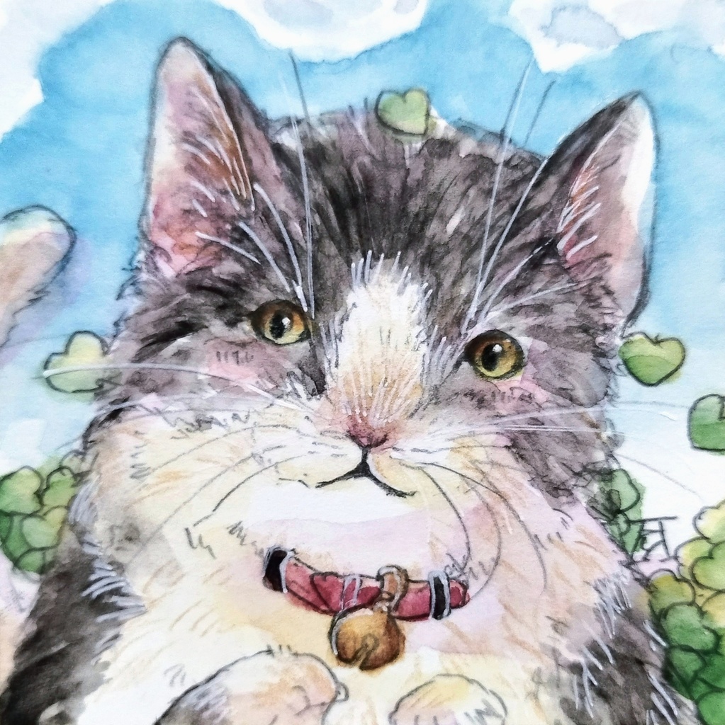 きつね/ねこ/パピヨン 透明水彩イラスト原画