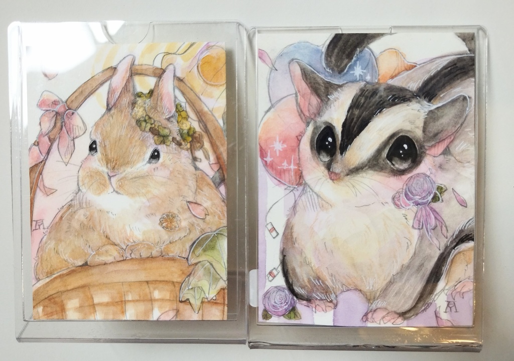 透明水彩イラスト原画　うさぎ フクロモモンガ