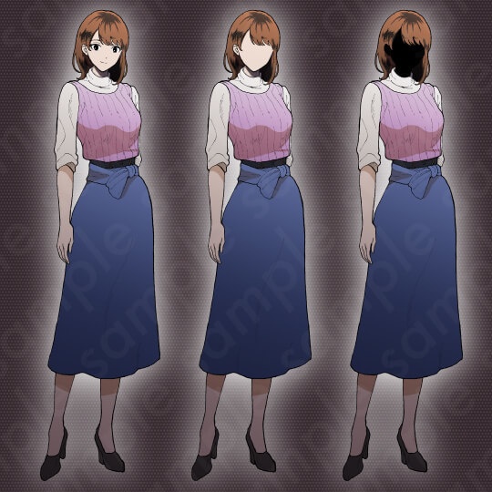 【ミステリー系立ち絵素材】20代女性・私服・スカート・茶髪・差分3種