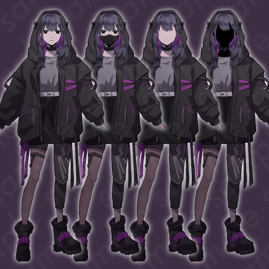 【ミステリー系立ち絵素材】黒マスクをしたダウナー系10代女子(紫髪)のイラスト・差分4種