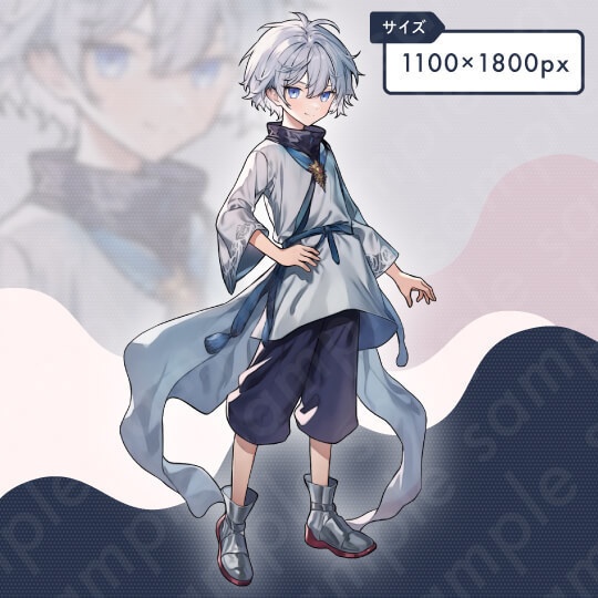 【立ち絵素材】謎めいた白髪短パンの男の子のイラスト・ファンタジー系・全身表情10種+α
