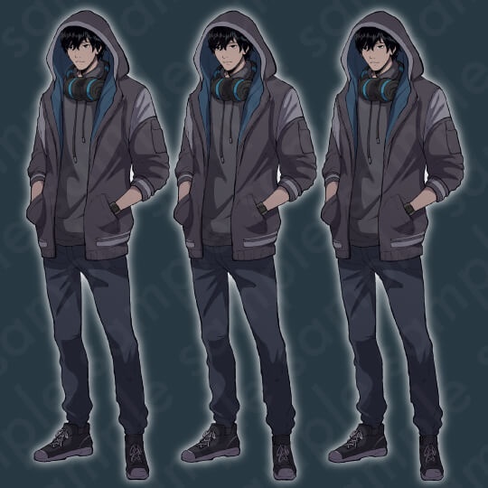 【ミステリー系立ち絵素材】フードを被った怪しげな10〜20代男性(黒髪)のイラスト・ヘッドフォン着用・差分3種