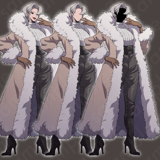 【ミステリー系立ち絵素材】お金持ちで高飛車な雰囲気の40〜50代女性(白髪)のイラスト・差分3種