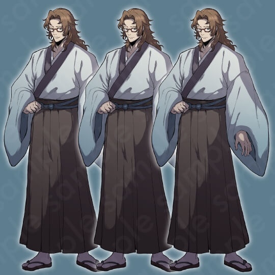 【ミステリー系立ち絵素材】着物(袴)を着た眼鏡ロングヘアーの男性のイラスト・差分3種
