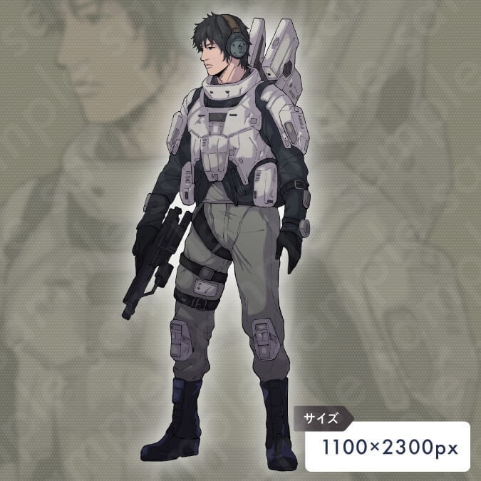 【ペン画立ち絵素材】SFスーツを着た近未来の黒髪男性のイラスト・ファンタジー・差分6種