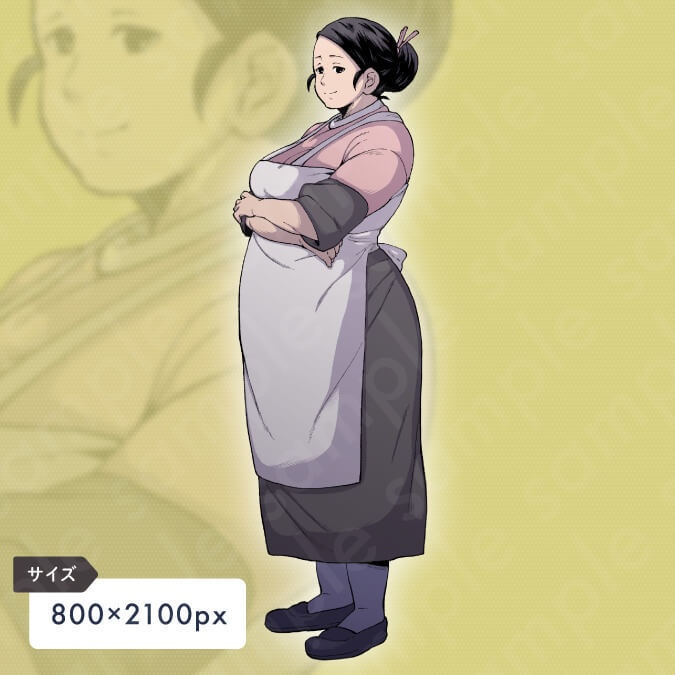 【ペン画立ち絵素材】母や女将のような、ふくよかな40代〜50代女性のイラスト・現代・エプロン・差分6種