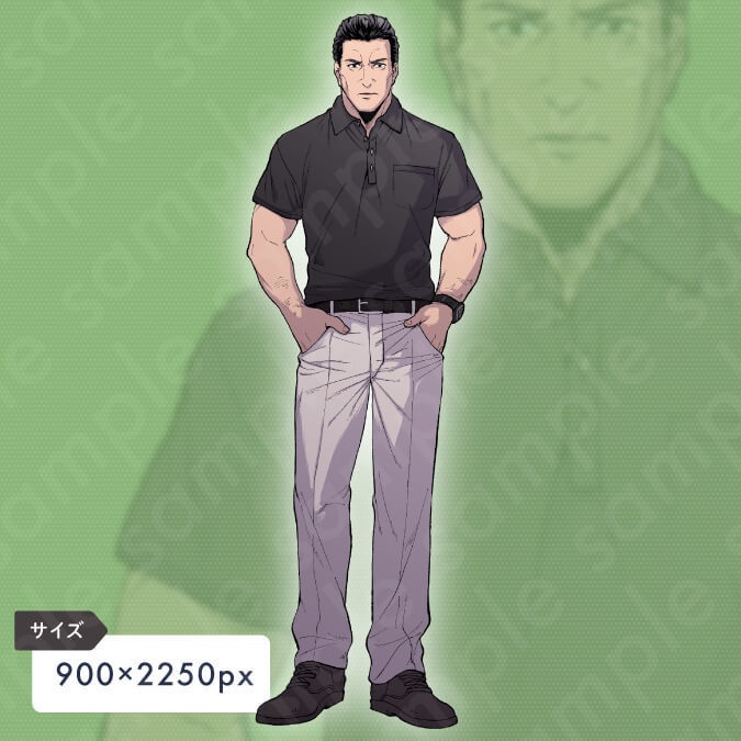 【ペン画立ち絵素材】父のような、ガタイが良い40代〜50代男性のイラスト・現代・ポロシャツ・差分6種