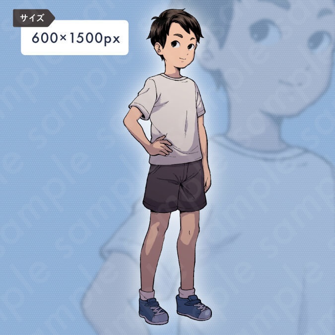 【ペン画立ち絵素材】短パンを履いた小学生の男の子のイラスト・現代・差分6種