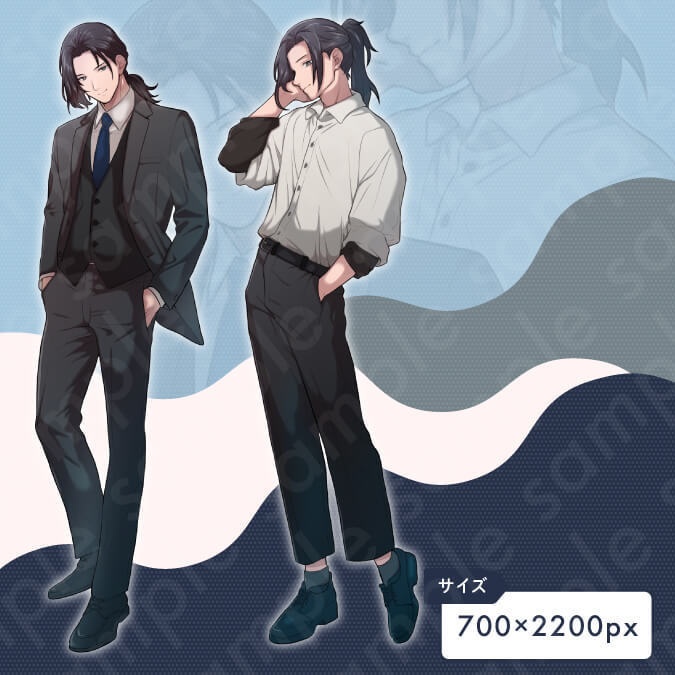 【立ち絵素材】黒髪ポニーテールのクール系成人男性のイラスト・スーツ・私服・全身表情10種+α