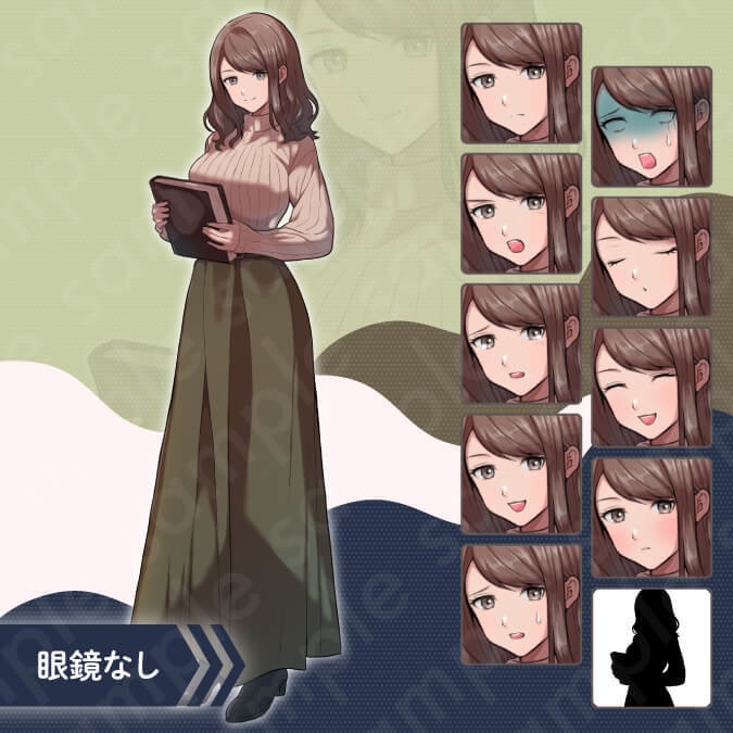 【立ち絵素材】眼鏡をかけた本好きな茶髪の成人女性のイラスト・現代・ロングスカート・ニット服・全身表情10種+α