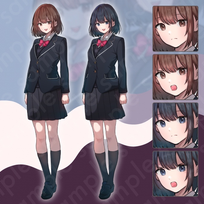 【立ち絵素材】ブレザーの制服を着た男子・女子高校生のモブキャライラスト・現代・黒髪・茶髪・全身表情3種