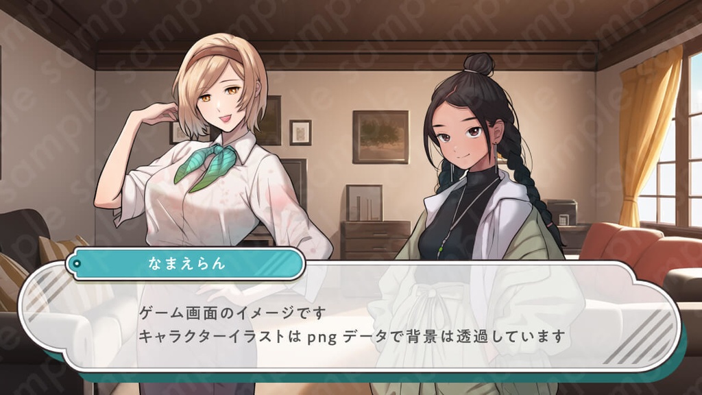 【立ち絵素材】ラフな格好をした三つ編みお団子姿の黒髪女性のイラスト・現代・大学生・全身表情10種+α