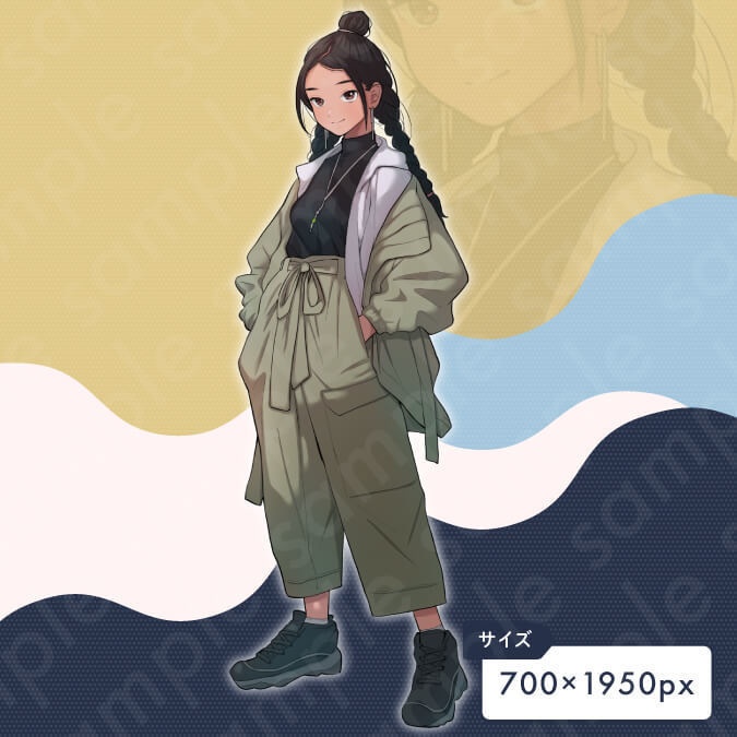 【立ち絵素材】ラフな格好をした三つ編みお団子姿の黒髪女性のイラスト・現代・大学生・全身表情10種+α