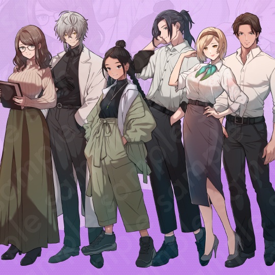 【立ち絵素材6人セット】スーツや私服姿などの成人男性女性キャラクターイラスト・全身表情10種+α