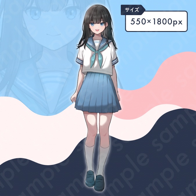 【立ち絵素材】セーラー服を着た黒髪ロングヘアの女子中学生のイラスト・現代・全身表情10種+α