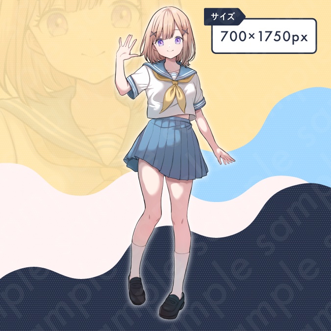 【立ち絵素材】明るい雰囲気のセーラー服を着た女子中学生のイラスト・現代・金髪ボブヘア・全身表情10種+α