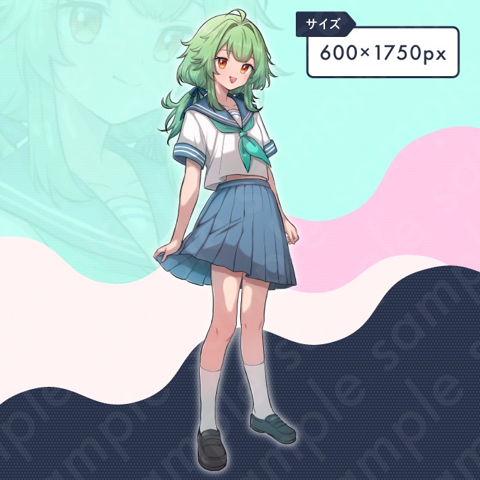 【立ち絵素材】セーラー服を着たマイペースな雰囲気の女子中学生のイラスト・現代・緑髪ツインテール・全身表情10種+α