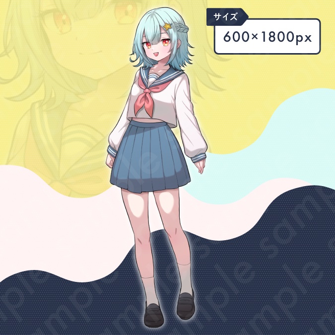 【立ち絵素材】セーラー服を着たおっとりとした雰囲気の女子中学生のイラスト・現代・水色髪・全身表情10種+α