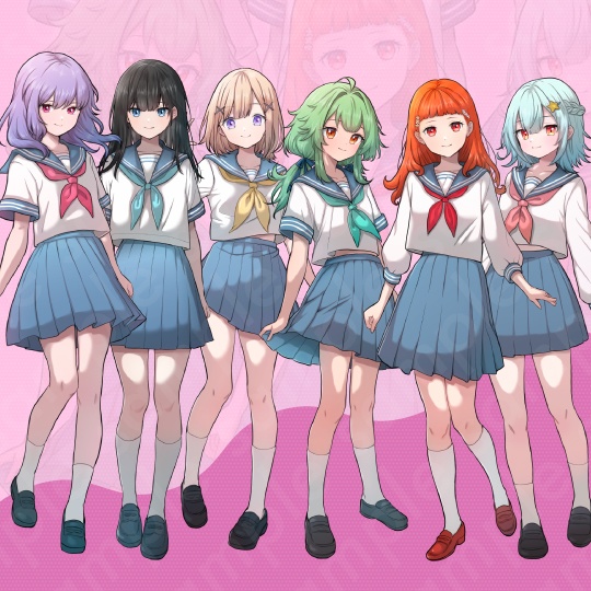 【立ち絵素材6人セット】セーラー服を着た女子中学生キャラクターイラスト・全身表情10種+α