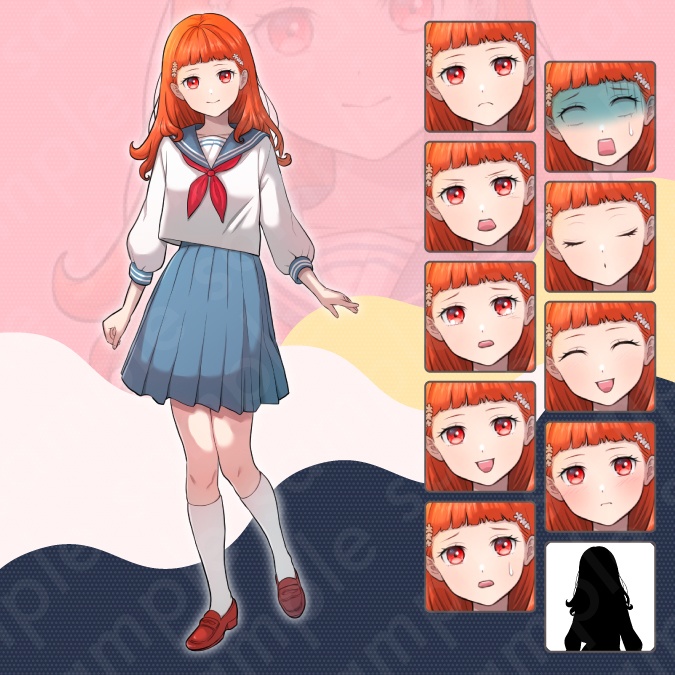 【立ち絵素材6人セット】セーラー服を着た女子中学生キャラクターイラスト・全身表情10種+α