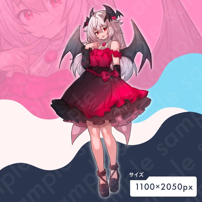 【立ち絵素材】ピンク髪ロングヘアの魔族の女の子のイラスト・ファンタジー・姫・サキュバス・吸血鬼・全身表情10種+α