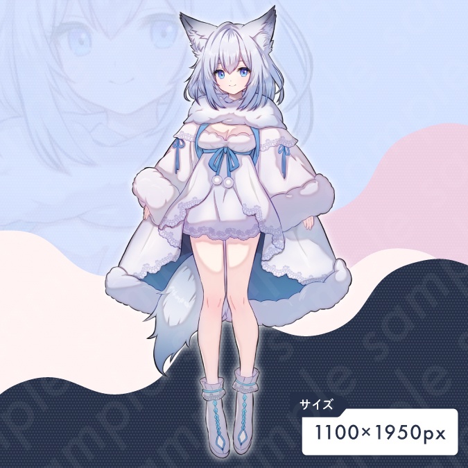 【立ち絵素材】猫・狼・狐系白色の女性のイラスト・ファンタジー・モンスター・擬人化・全身表情10種+α