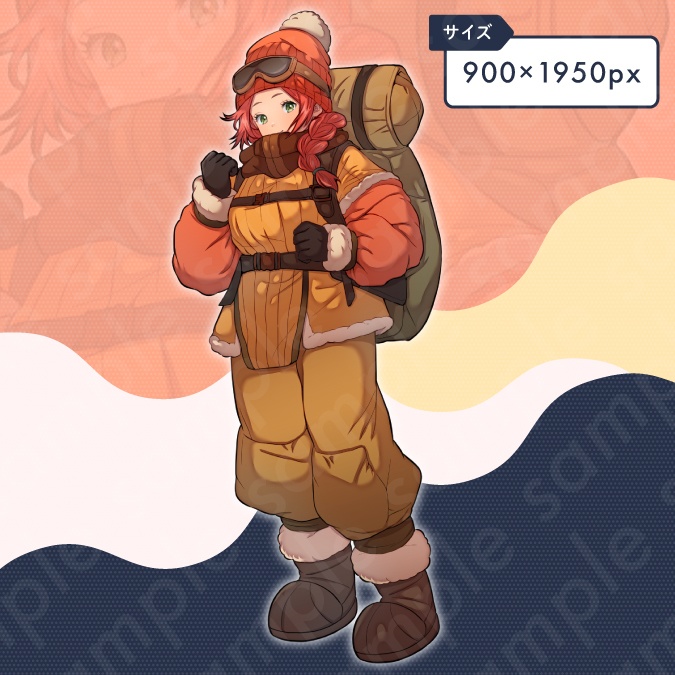 【立ち絵素材】雪山登山服の赤髪女性のイラスト・現代・三つ編み・全身表情10種+α