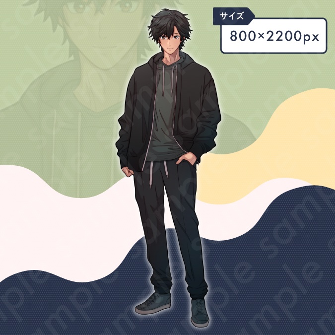 【立ち絵素材】パーカーを着た主人公系黒髪男性のイラスト・現代・10代・大学生・全身表情10種+α