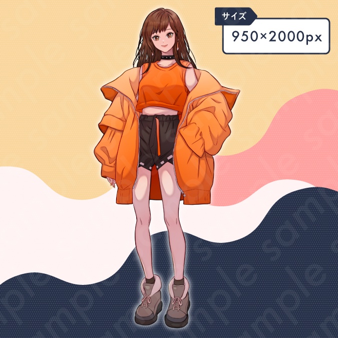 【立ち絵素材】茶髪ロングヘアの活発な女性のイラスト・現代・10代〜20代・大学生・全身表情10種+α