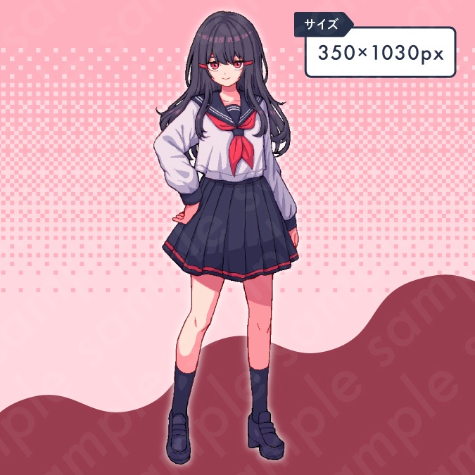 【ドット絵立ち絵素材】セーラー服を着た黒髪ロングヘアの勝気な女子中学生のイラスト・現代・10代・全身表情10種+α