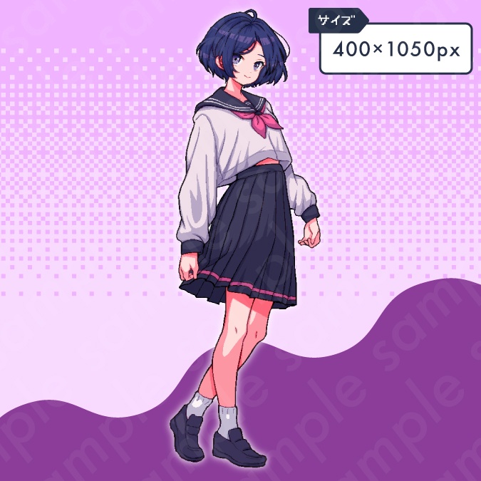 【ドット絵立ち絵素材】セーラー服を着た青髪ショートカットの大人びた女子中学生のイラスト・現代・10代・全身表情10種+α