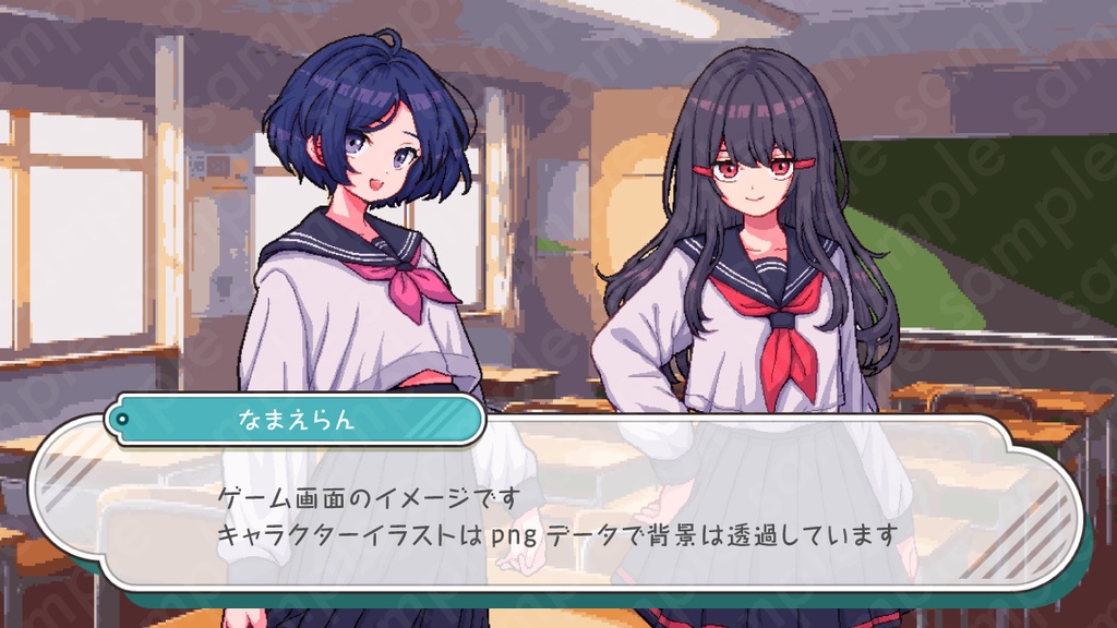 【ドット絵立ち絵素材】セーラー服を着た青髪ショートカットの大人びた女子中学生のイラスト・現代・10代・全身表情10種+α