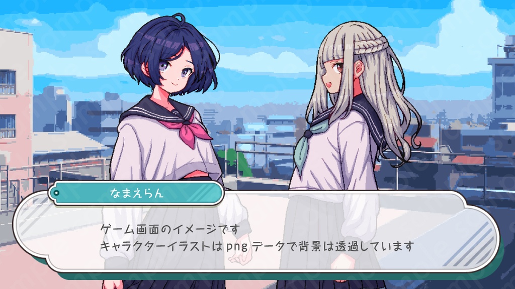 【ドット絵立ち絵素材】セーラー服を着た白髪ロングヘアのお嬢様女子中学生のイラスト・現代・10代・全身表情10種+α