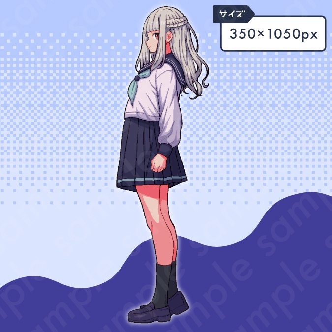 【ドット絵立ち絵素材】セーラー服を着た白髪ロングヘアのお嬢様女子中学生のイラスト・現代・10代・全身表情10種+α