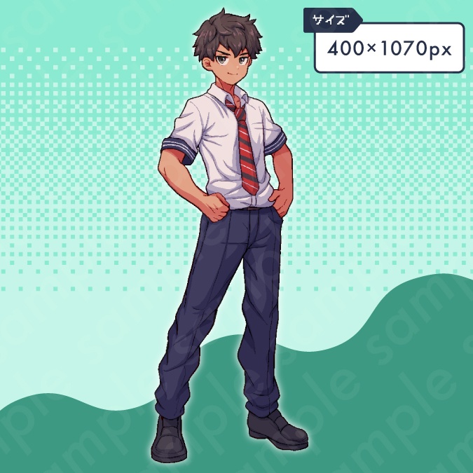【ドット絵立ち絵素材】学生服を着た茶髪の主人公系男子中学生のイラスト・現代・10代・全身表情10種+α