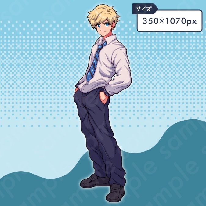 【ドット絵立ち絵素材】学生服を着た金髪の男子中学生のイラスト・現代・10代・全身表情10種+α