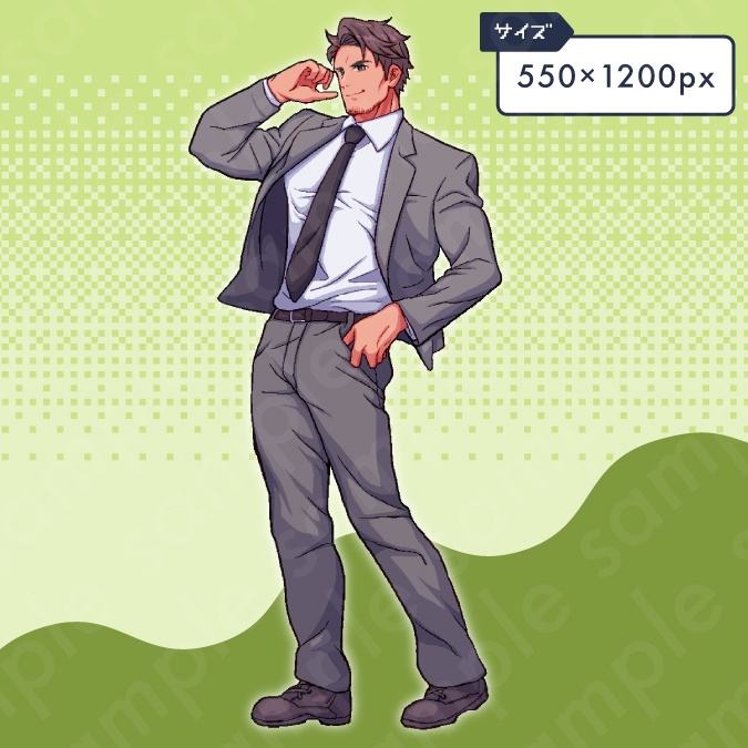 【ドット絵立ち絵素材】スーツを着た茶髪の30〜40代男性のイラスト・現代・教師・サラリーマン・全身表情10種+α
