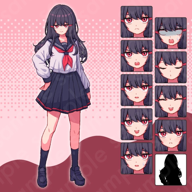 【ドット絵立ち絵素材6人セット】制服を着た中学生の男性女性キャラクターイラスト・セーラー服・教師・スーツ・全身表情10種+α