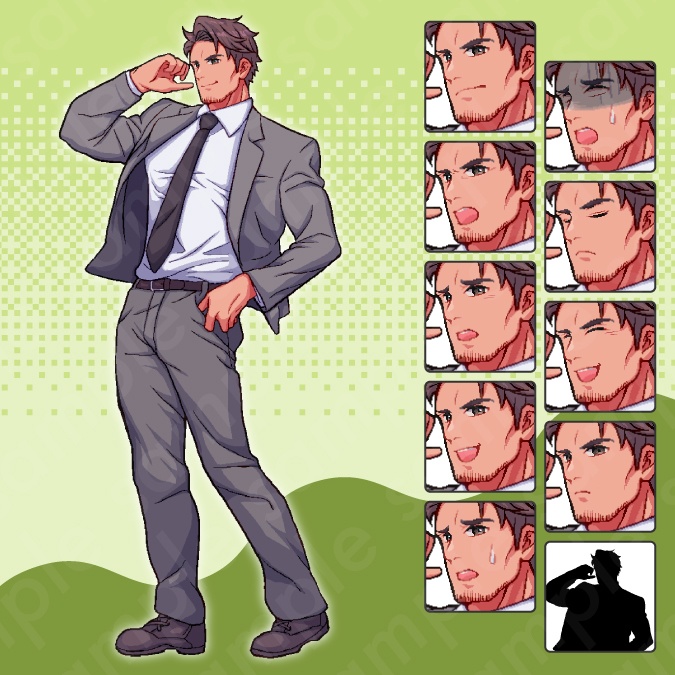 【ドット絵立ち絵素材6人セット】制服を着た中学生の男性女性キャラクターイラスト・セーラー服・教師・スーツ・全身表情10種+α